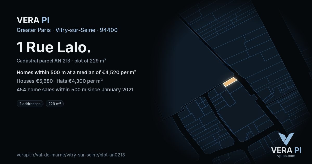 1 Rue Lalo, Vitry-sur-Seine at night – the plot lit, the parcels around coloured by the prices near them