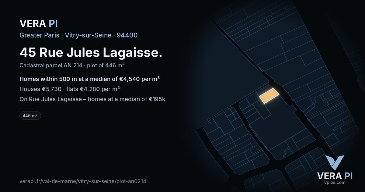45 Rue Jules Lagaisse, Vitry-sur-Seine at night – the plot lit, the parcels around coloured by the prices near them