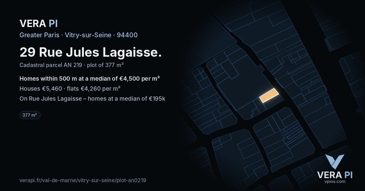 29 Rue Jules Lagaisse, Vitry-sur-Seine at night – the plot lit, the parcels around coloured by the prices near them