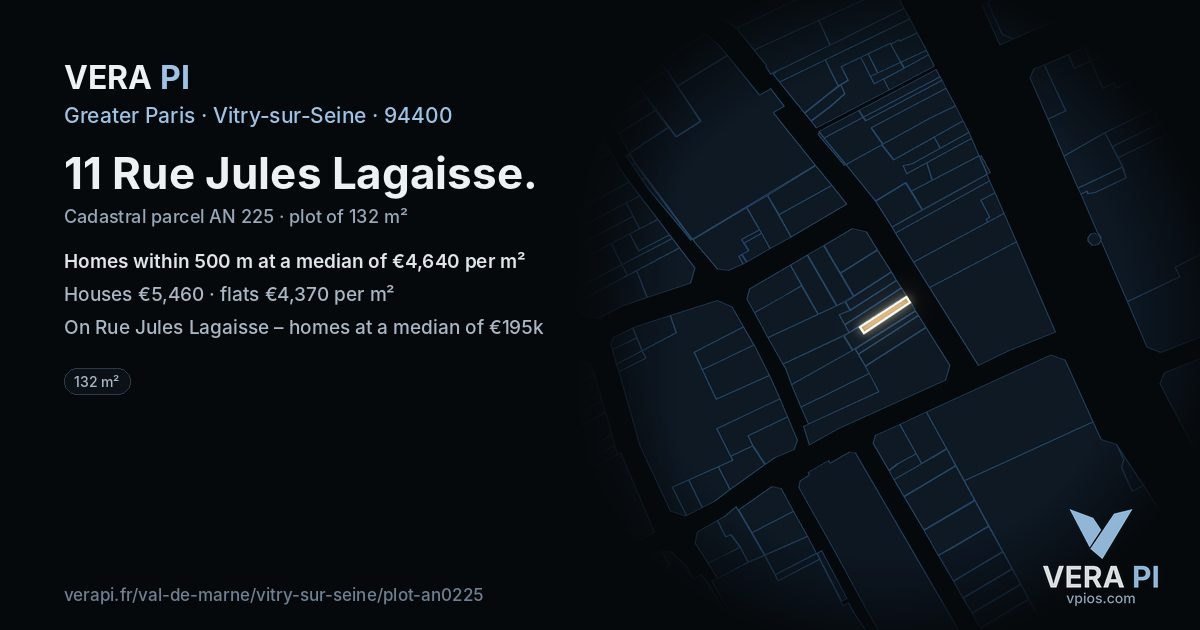 11 Rue Jules Lagaisse, Vitry-sur-Seine at night – the plot lit, the parcels around coloured by the prices near them
