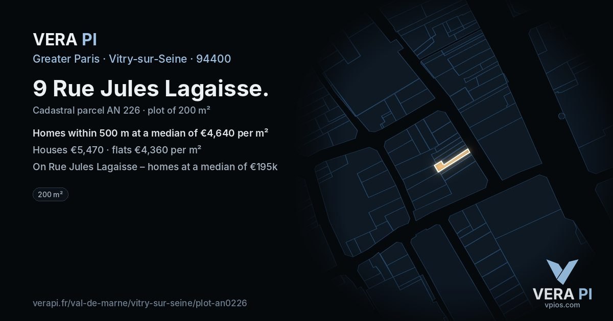 9 Rue Jules Lagaisse, Vitry-sur-Seine at night – the plot lit, the parcels around coloured by the prices near them