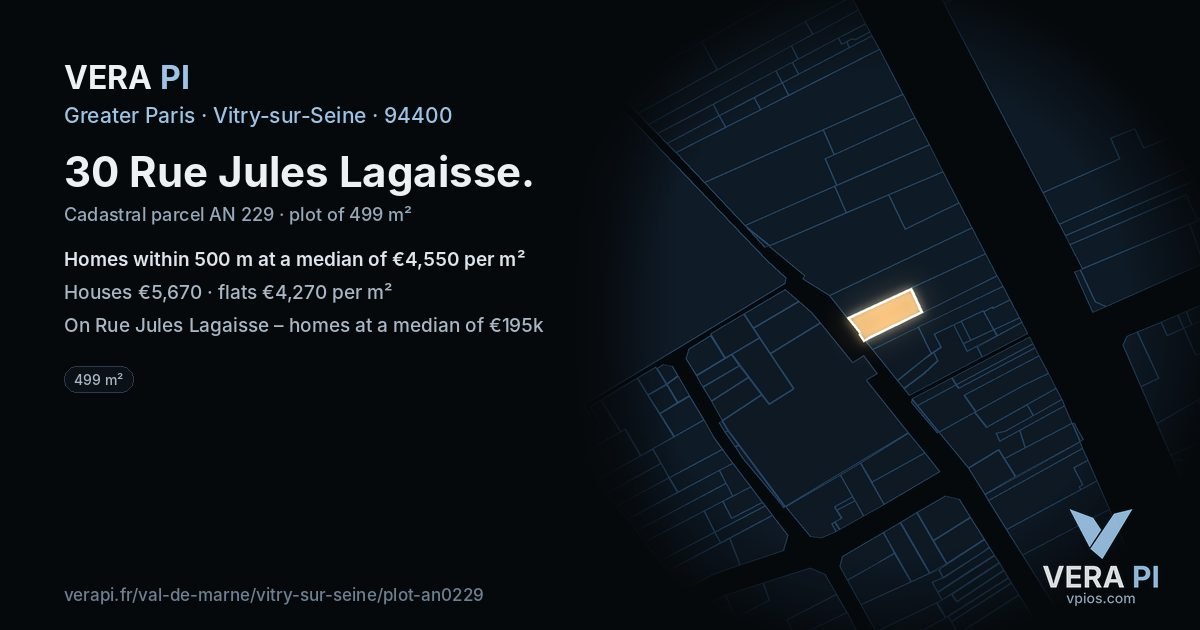 30 Rue Jules Lagaisse, Vitry-sur-Seine at night – the plot lit, the parcels around coloured by the prices near them