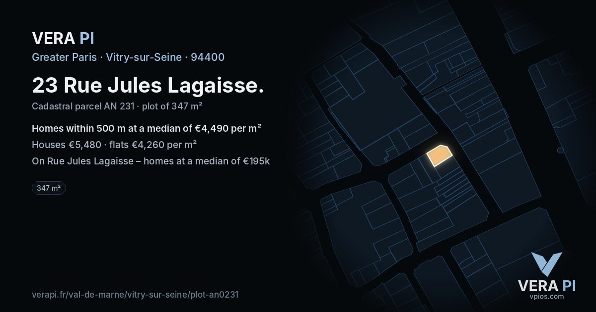 23 Rue Jules Lagaisse, Vitry-sur-Seine at night – the plot lit, the parcels around coloured by the prices near them