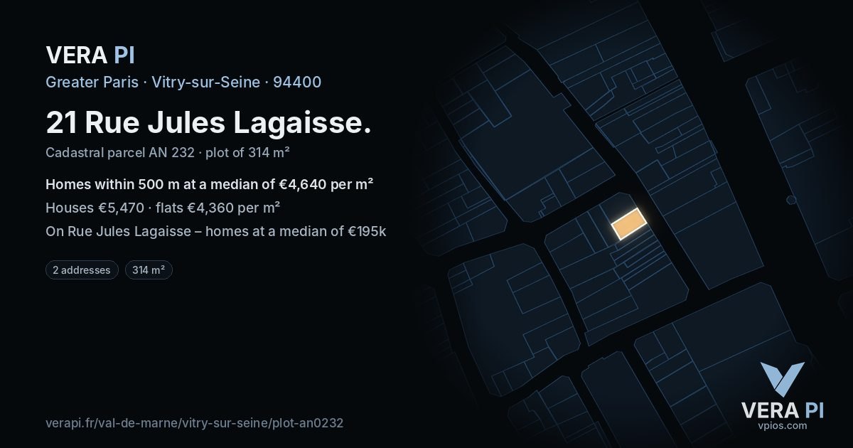 21 Rue Jules Lagaisse, Vitry-sur-Seine at night – the plot lit, the parcels around coloured by the prices near them