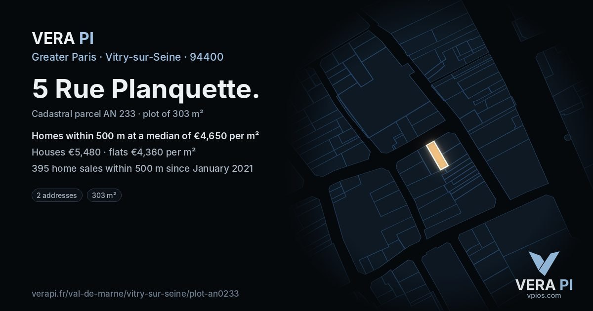 5 Rue Planquette, Vitry-sur-Seine at night – the plot lit, the parcels around coloured by the prices near them
