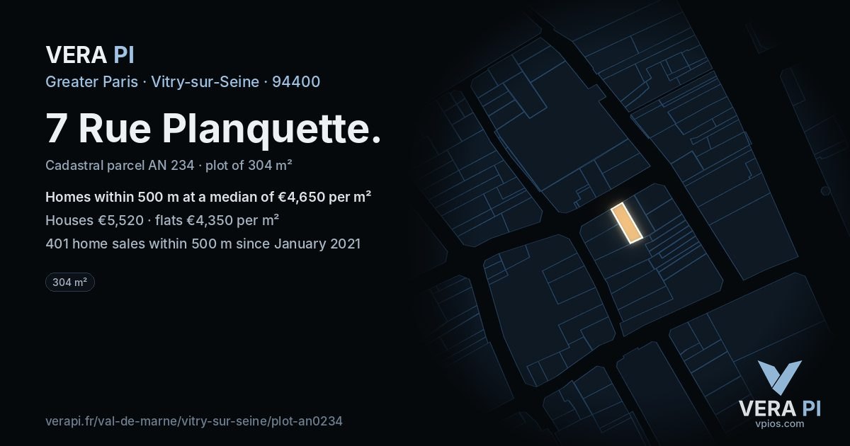 7 Rue Planquette, Vitry-sur-Seine at night – the plot lit, the parcels around coloured by the prices near them