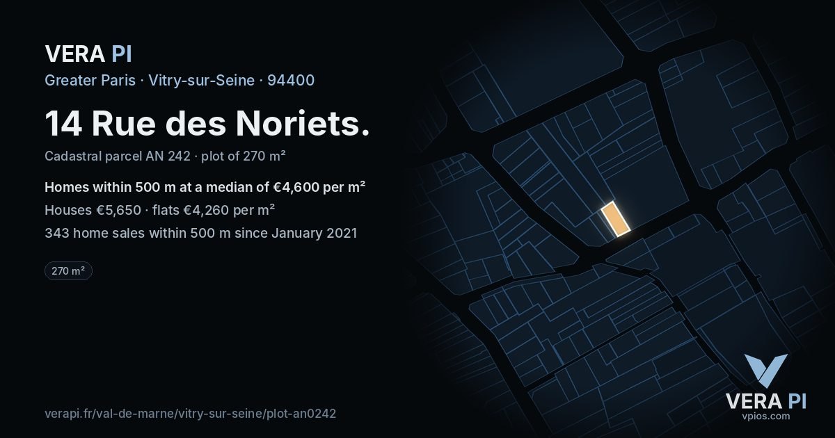 14 Rue des Noriets, Vitry-sur-Seine at night – the plot lit, the parcels around coloured by the prices near them