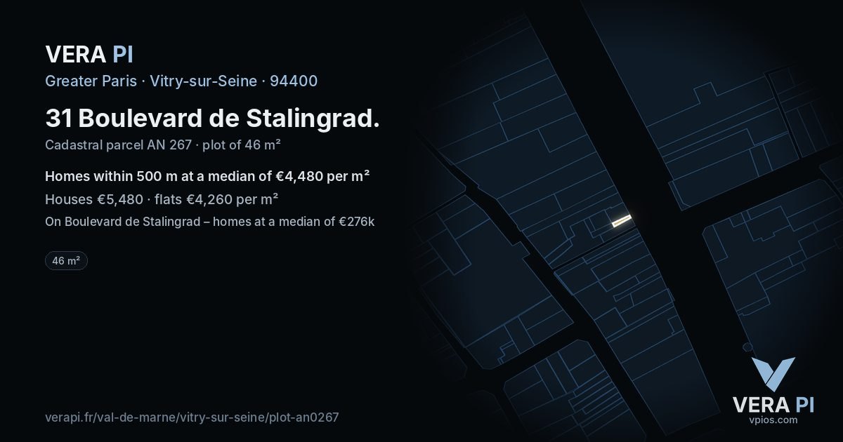 31 Boulevard de Stalingrad, Vitry-sur-Seine at night – the plot lit, the parcels around coloured by the prices near them