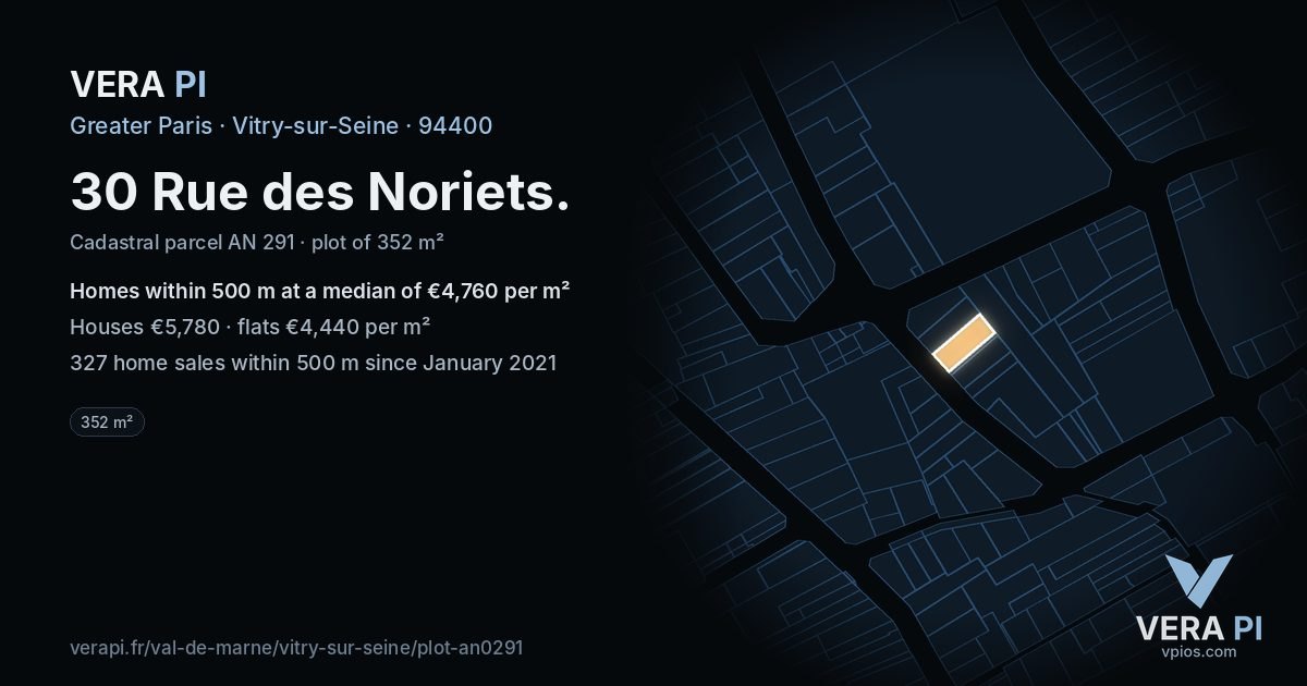 30 Rue des Noriets, Vitry-sur-Seine at night – the plot lit, the parcels around coloured by the prices near them