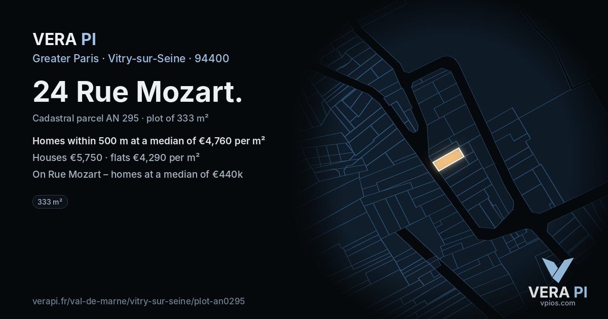 24 Rue Mozart, Vitry-sur-Seine at night – the plot lit, the parcels around coloured by the prices near them