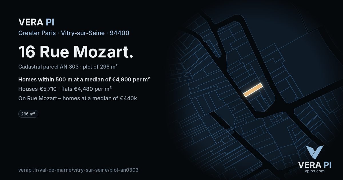 16 Rue Mozart, Vitry-sur-Seine at night – the plot lit, the parcels around coloured by the prices near them