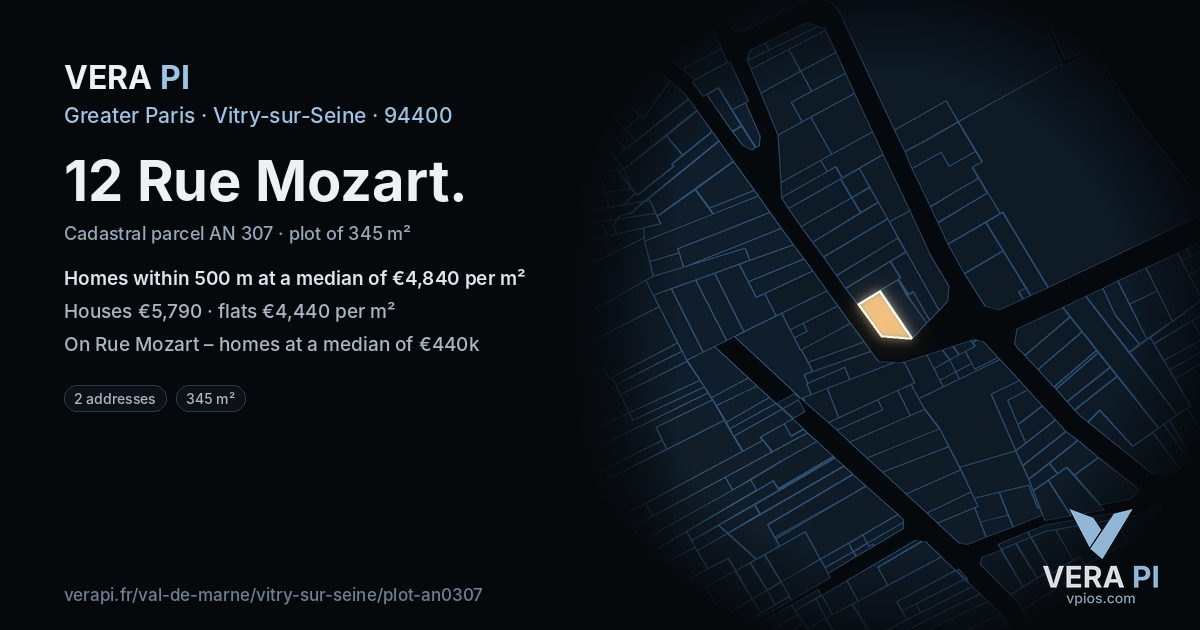 12 Rue Mozart, Vitry-sur-Seine at night – the plot lit, the parcels around coloured by the prices near them