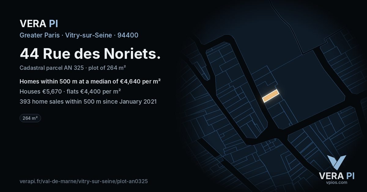 44 Rue des Noriets, Vitry-sur-Seine at night – the plot lit, the parcels around coloured by the prices near them
