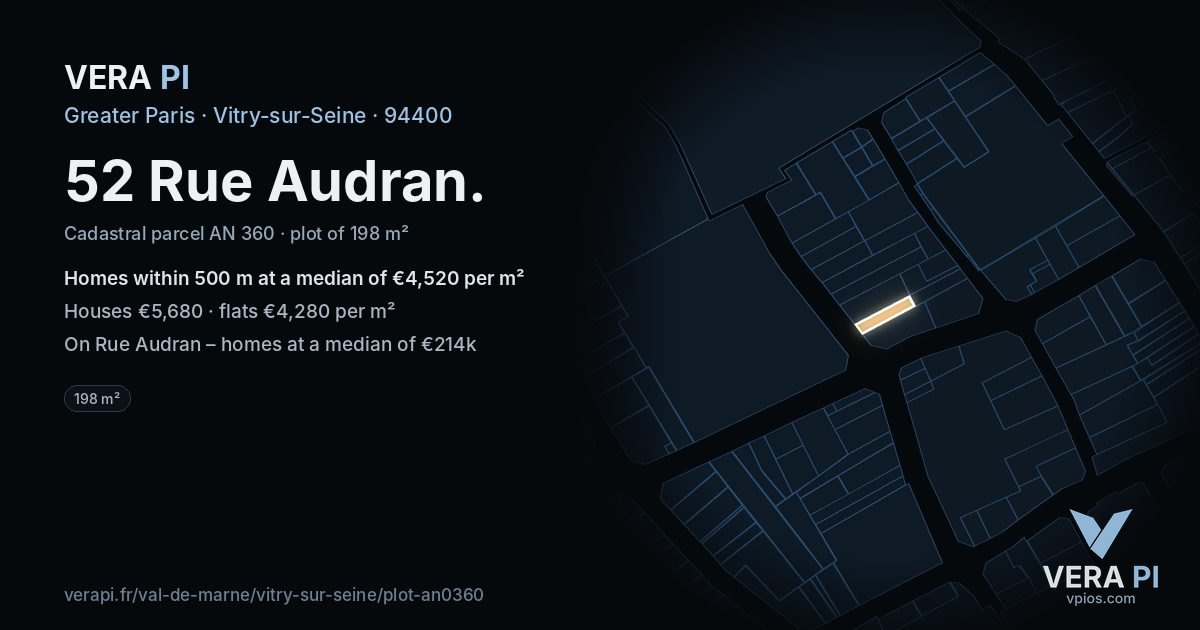 52 Rue Audran, Vitry-sur-Seine at night – the plot lit, the parcels around coloured by the prices near them