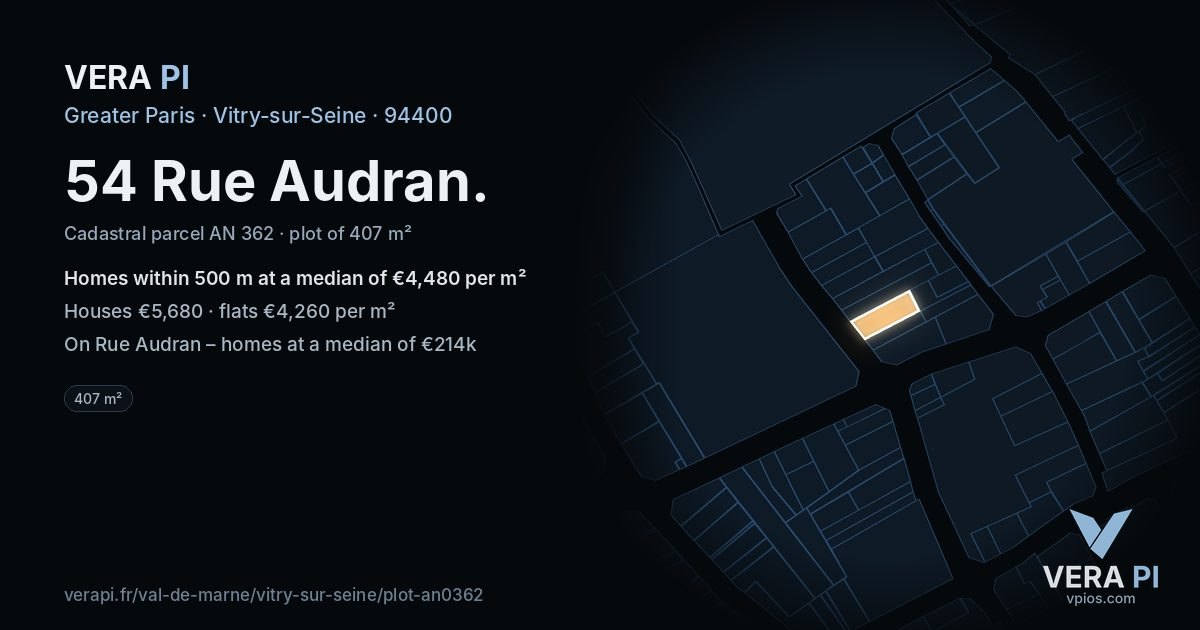 54 Rue Audran, Vitry-sur-Seine at night – the plot lit, the parcels around coloured by the prices near them