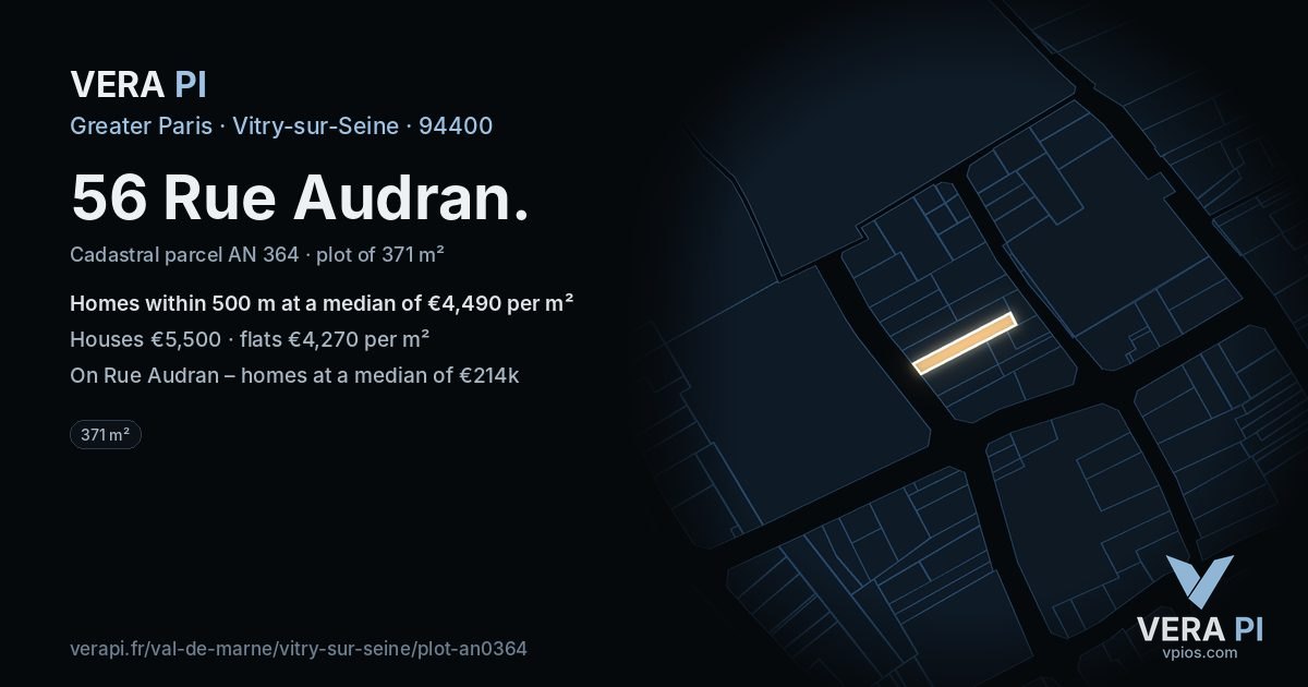 56 Rue Audran, Vitry-sur-Seine at night – the plot lit, the parcels around coloured by the prices near them
