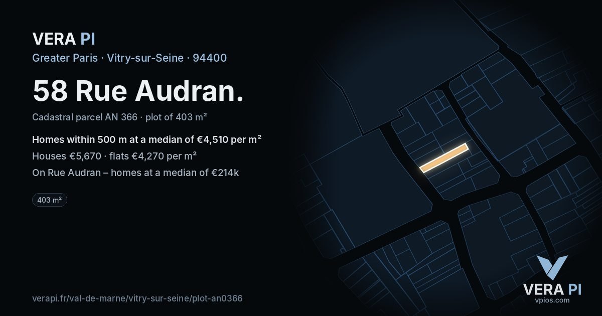 58 Rue Audran, Vitry-sur-Seine at night – the plot lit, the parcels around coloured by the prices near them