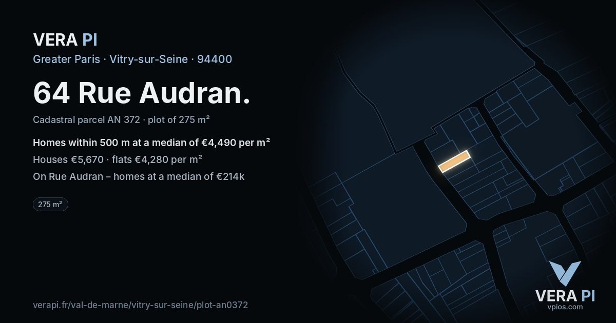 64 Rue Audran, Vitry-sur-Seine at night – the plot lit, the parcels around coloured by the prices near them