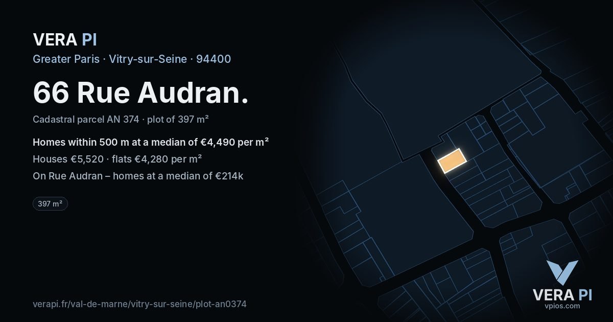 66 Rue Audran, Vitry-sur-Seine at night – the plot lit, the parcels around coloured by the prices near them
