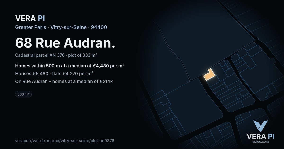 68 Rue Audran, Vitry-sur-Seine at night – the plot lit, the parcels around coloured by the prices near them