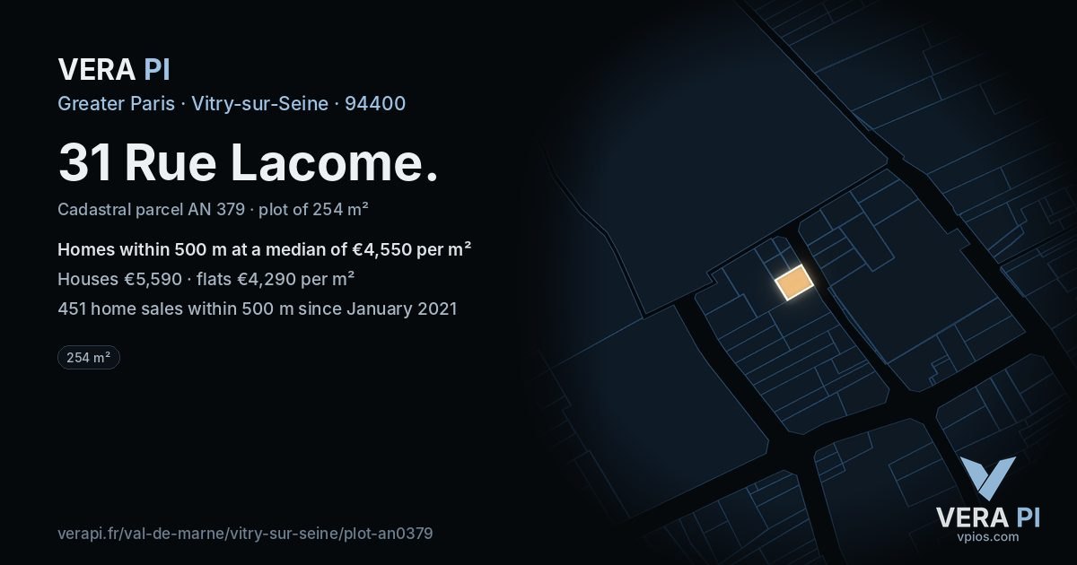 31 Rue Lacome, Vitry-sur-Seine at night – the plot lit, the parcels around coloured by the prices near them