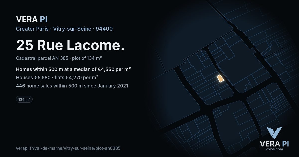 25 Rue Lacome, Vitry-sur-Seine at night – the plot lit, the parcels around coloured by the prices near them