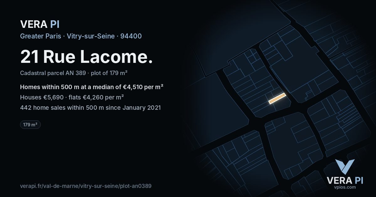 21 Rue Lacome, Vitry-sur-Seine at night – the plot lit, the parcels around coloured by the prices near them