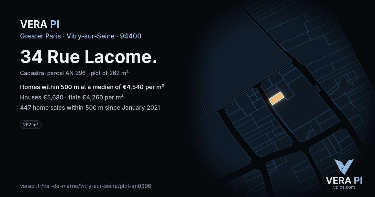 34 Rue Lacome, Vitry-sur-Seine at night – the plot lit, the parcels around coloured by the prices near them