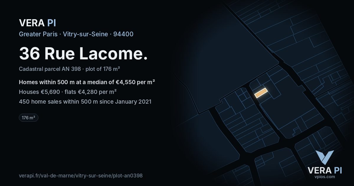 36 Rue Lacome, Vitry-sur-Seine at night – the plot lit, the parcels around coloured by the prices near them