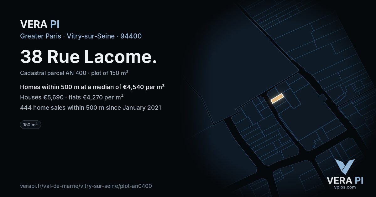 38 Rue Lacome, Vitry-sur-Seine at night – the plot lit, the parcels around coloured by the prices near them