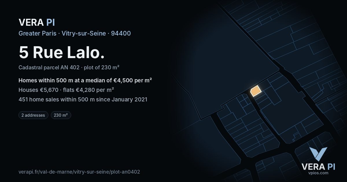 5 Rue Lalo, Vitry-sur-Seine at night – the plot lit, the parcels around coloured by the prices near them