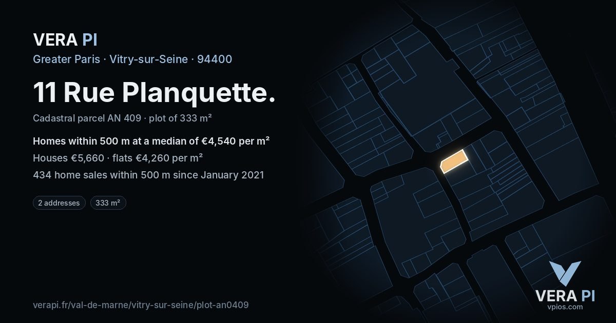 11 Rue Planquette, Vitry-sur-Seine at night – the plot lit, the parcels around coloured by the prices near them