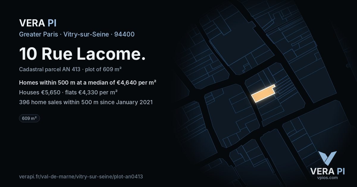 10 Rue Lacome, Vitry-sur-Seine at night – the plot lit, the parcels around coloured by the prices near them