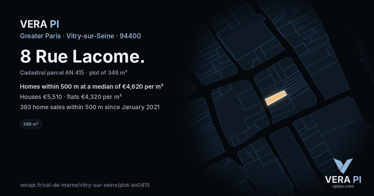 8 Rue Lacome, Vitry-sur-Seine at night – the plot lit, the parcels around coloured by the prices near them