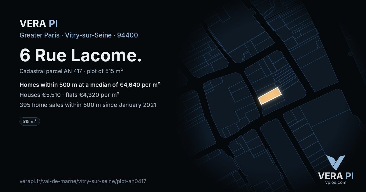 6 Rue Lacome, Vitry-sur-Seine at night – the plot lit, the parcels around coloured by the prices near them