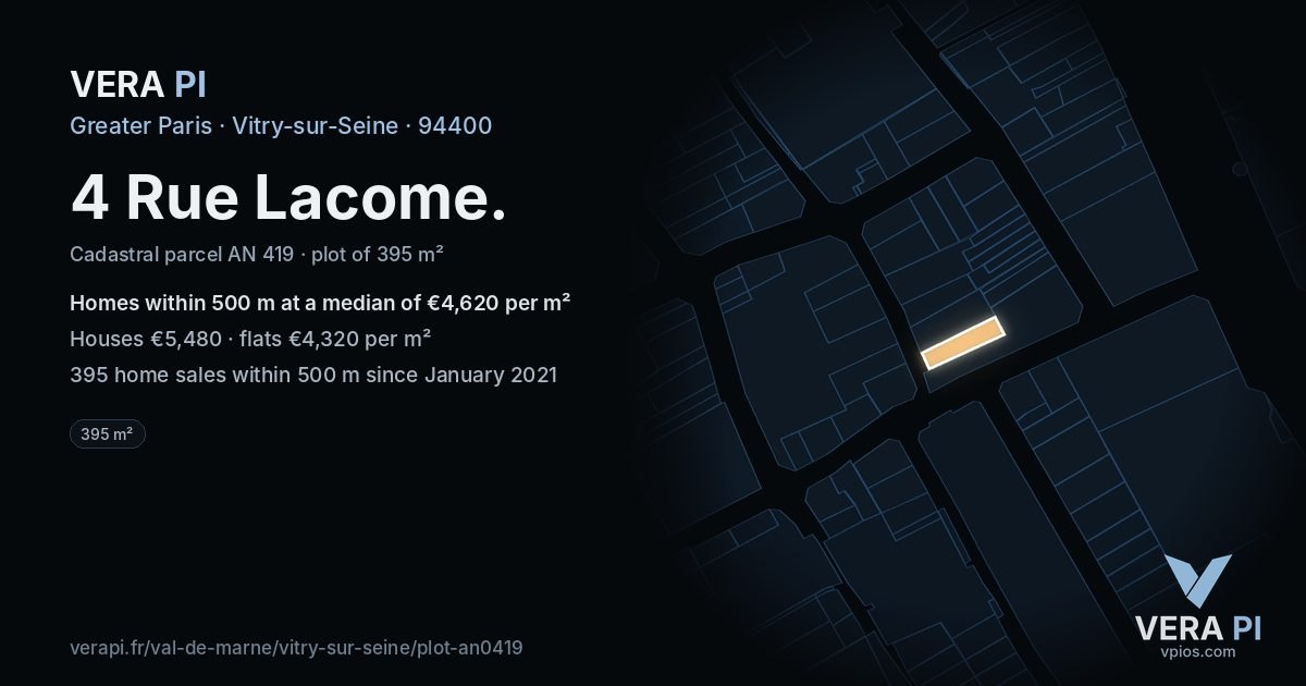 4 Rue Lacome, Vitry-sur-Seine at night – the plot lit, the parcels around coloured by the prices near them