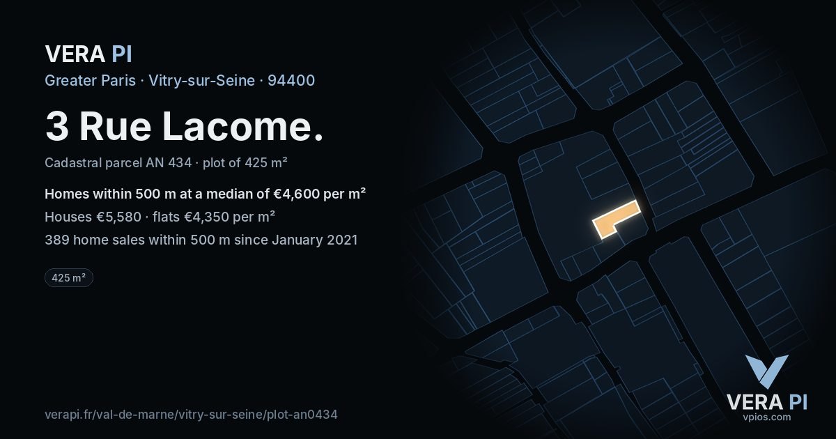 3 Rue Lacome, Vitry-sur-Seine at night – the plot lit, the parcels around coloured by the prices near them