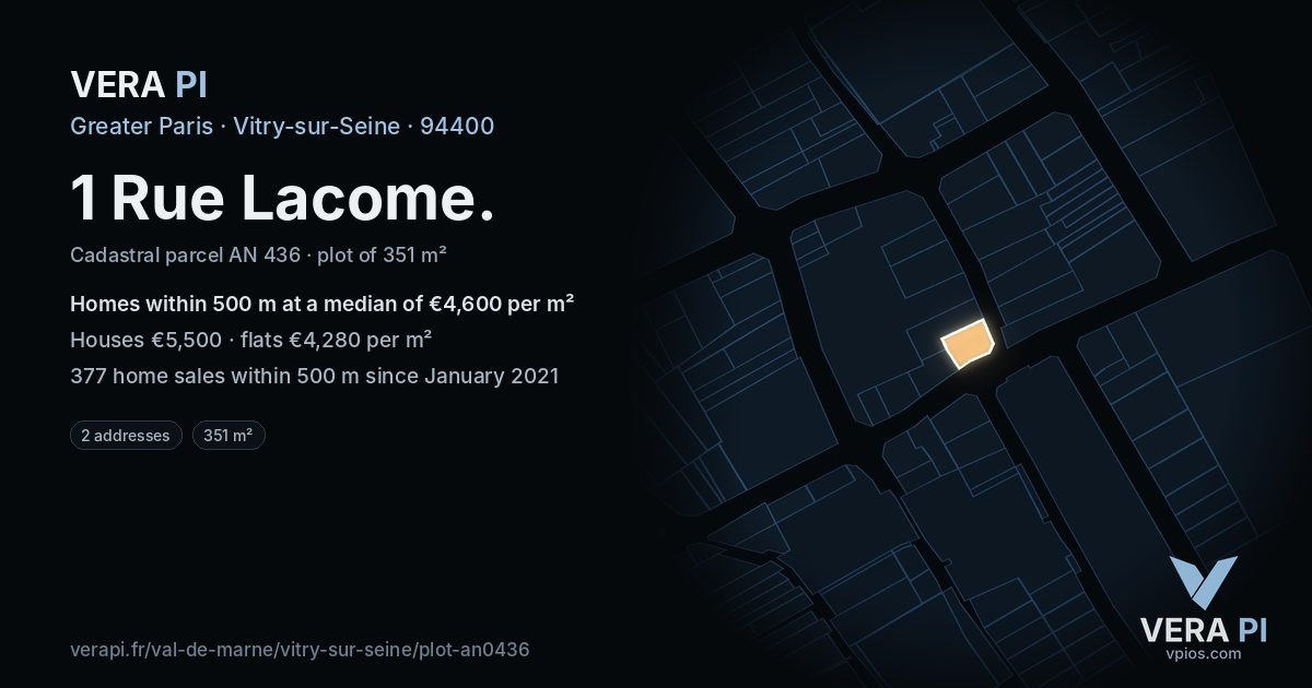 1 Rue Lacome, Vitry-sur-Seine at night – the plot lit, the parcels around coloured by the prices near them