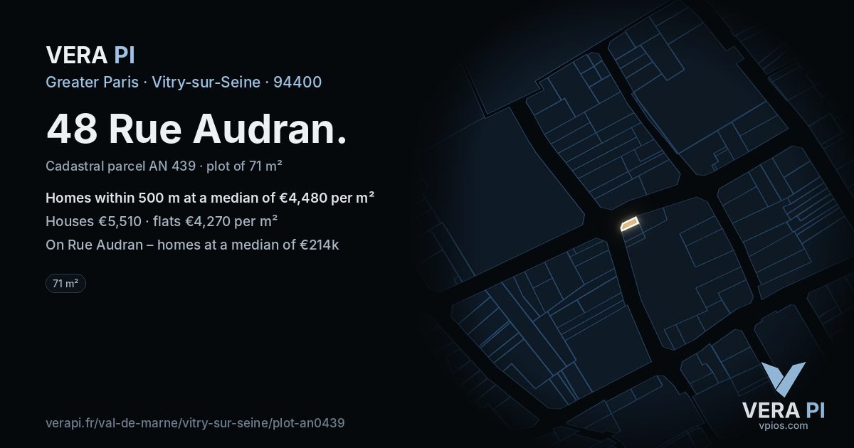 48 Rue Audran, Vitry-sur-Seine at night – the plot lit, the parcels around coloured by the prices near them