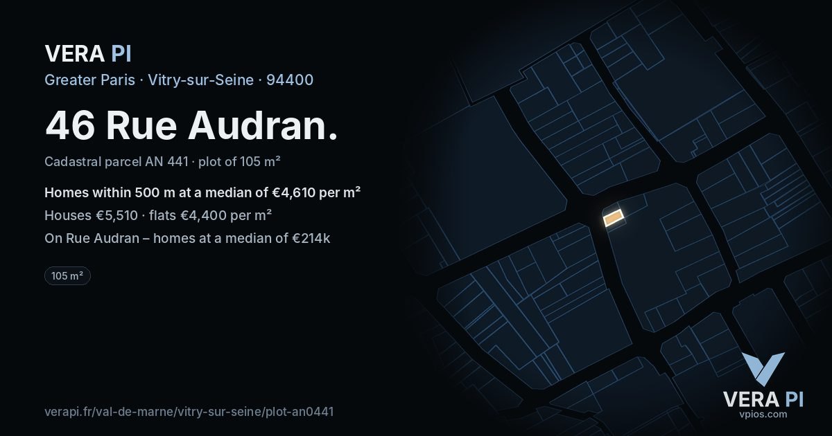 46 Rue Audran, Vitry-sur-Seine at night – the plot lit, the parcels around coloured by the prices near them