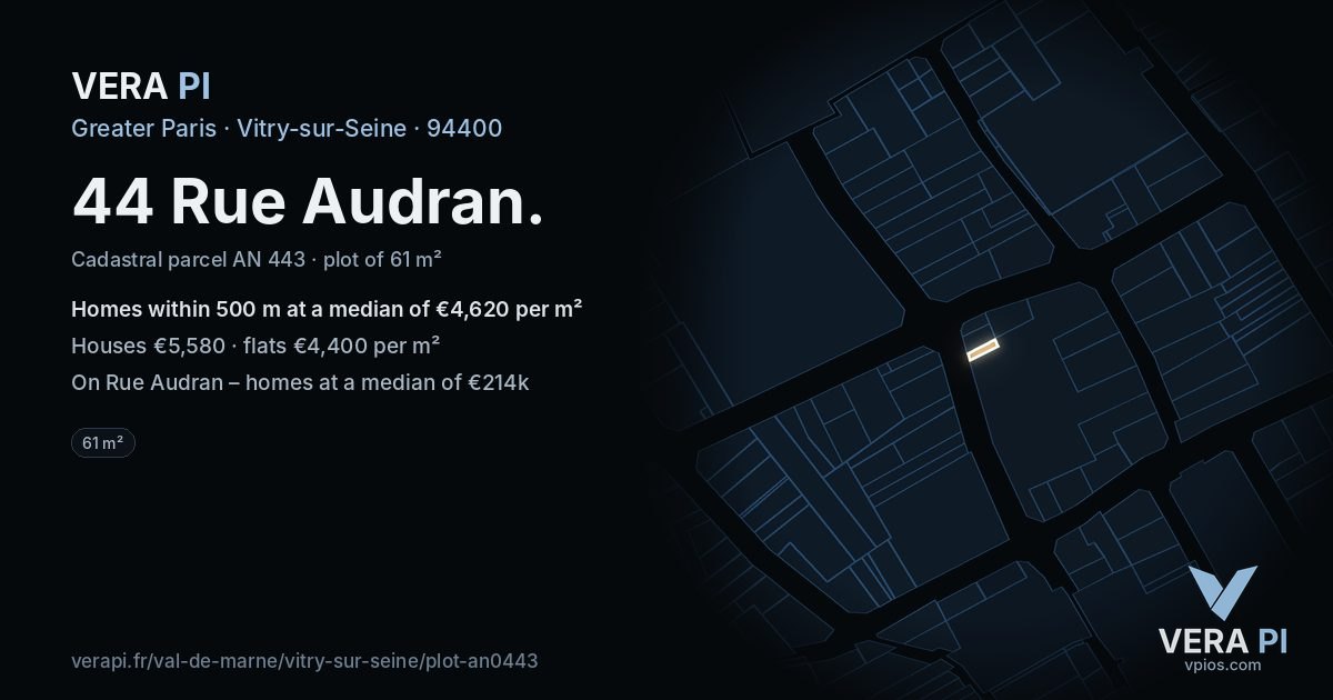 44 Rue Audran, Vitry-sur-Seine at night – the plot lit, the parcels around coloured by the prices near them