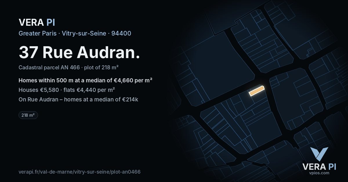 37 Rue Audran, Vitry-sur-Seine at night – the plot lit, the parcels around coloured by the prices near them
