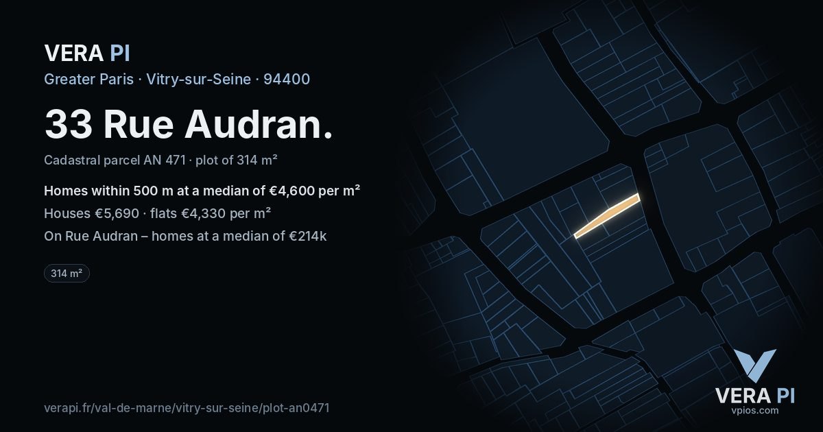 33 Rue Audran, Vitry-sur-Seine at night – the plot lit, the parcels around coloured by the prices near them
