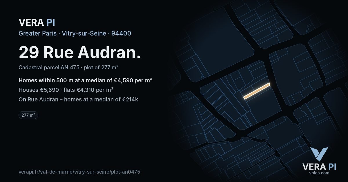 29 Rue Audran, Vitry-sur-Seine at night – the plot lit, the parcels around coloured by the prices near them
