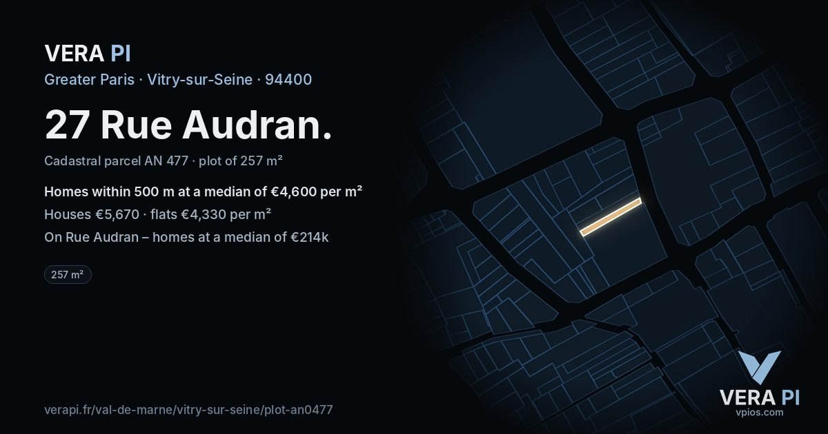 27 Rue Audran, Vitry-sur-Seine at night – the plot lit, the parcels around coloured by the prices near them