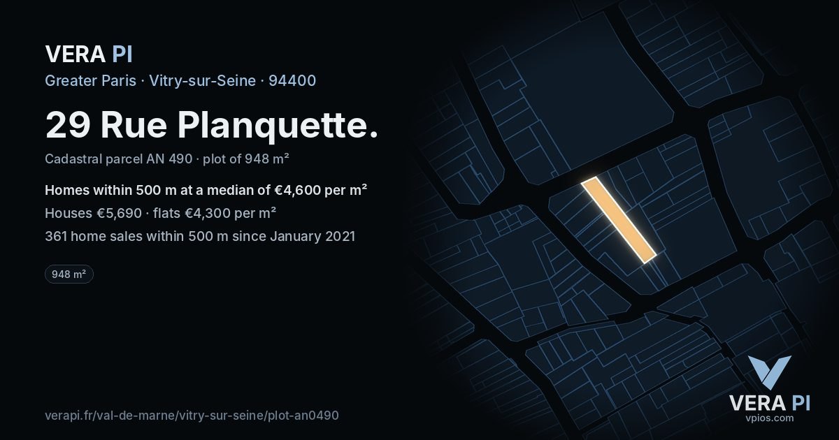 29 Rue Planquette, Vitry-sur-Seine at night – the plot lit, the parcels around coloured by the prices near them