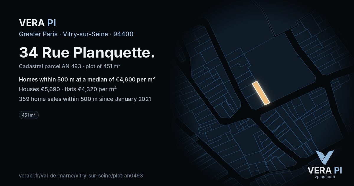 34 Rue Planquette, Vitry-sur-Seine at night – the plot lit, the parcels around coloured by the prices near them