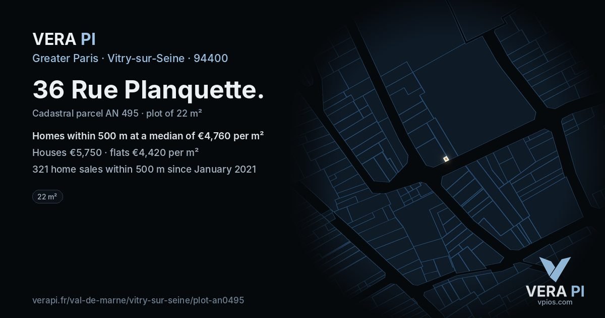36 Rue Planquette, Vitry-sur-Seine at night – the plot lit, the parcels around coloured by the prices near them