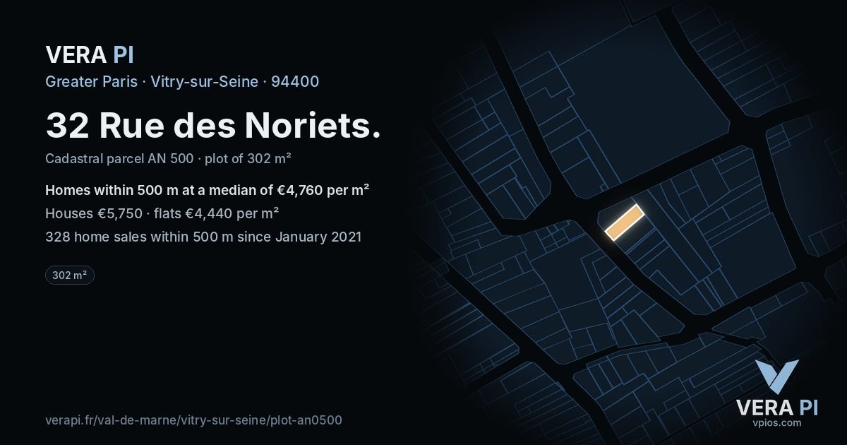 32 Rue des Noriets, Vitry-sur-Seine at night – the plot lit, the parcels around coloured by the prices near them