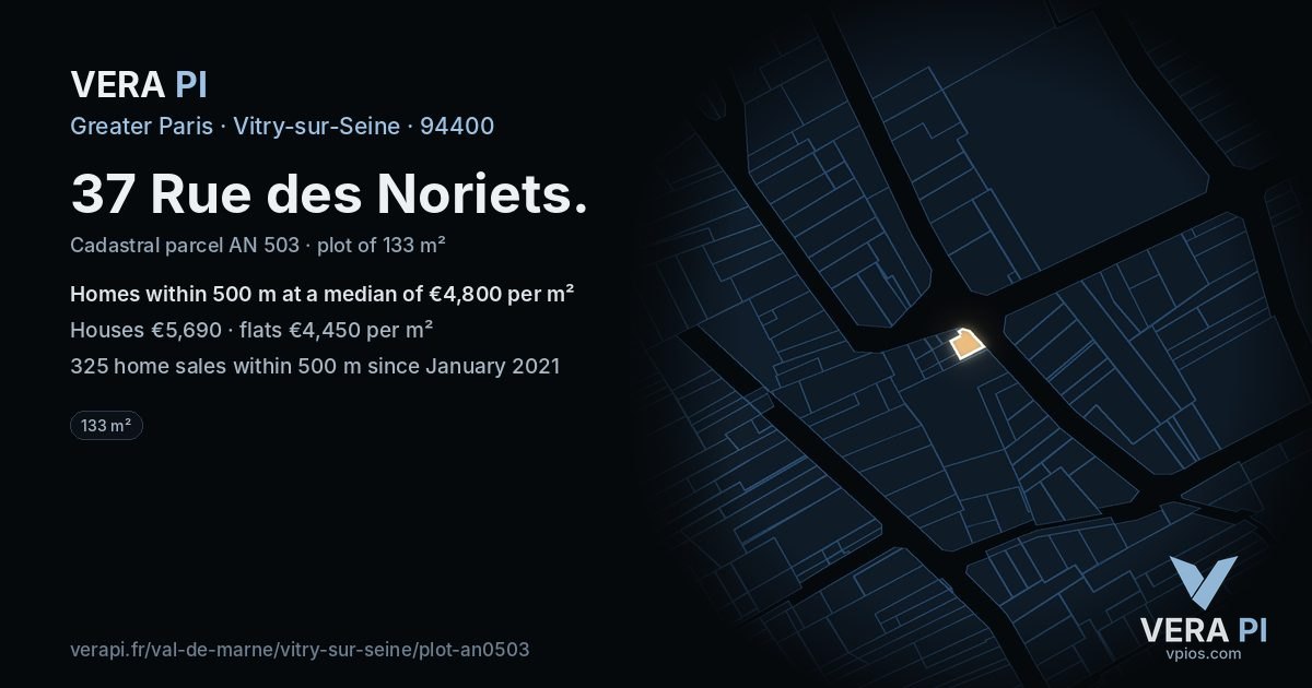37 Rue des Noriets, Vitry-sur-Seine at night – the plot lit, the parcels around coloured by the prices near them